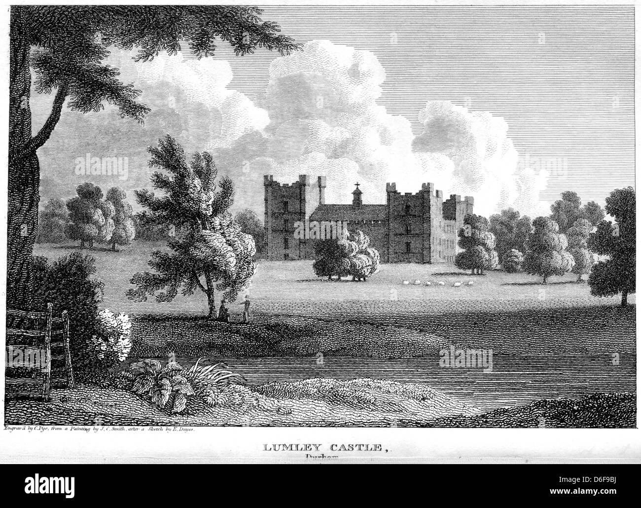 An engraving entitled " Lumley Castle, Durham " scanned at high