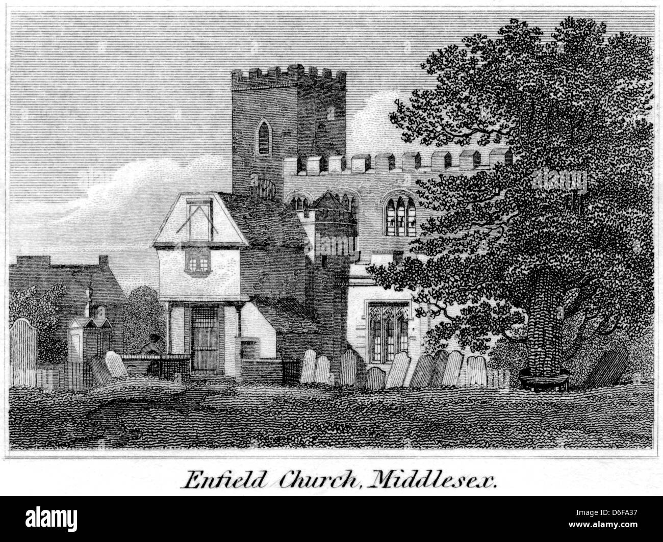 An engraving entitled ' Enfield Church, Middlesex ' scanned at high resolution from a book published in 1825. Stock Photo