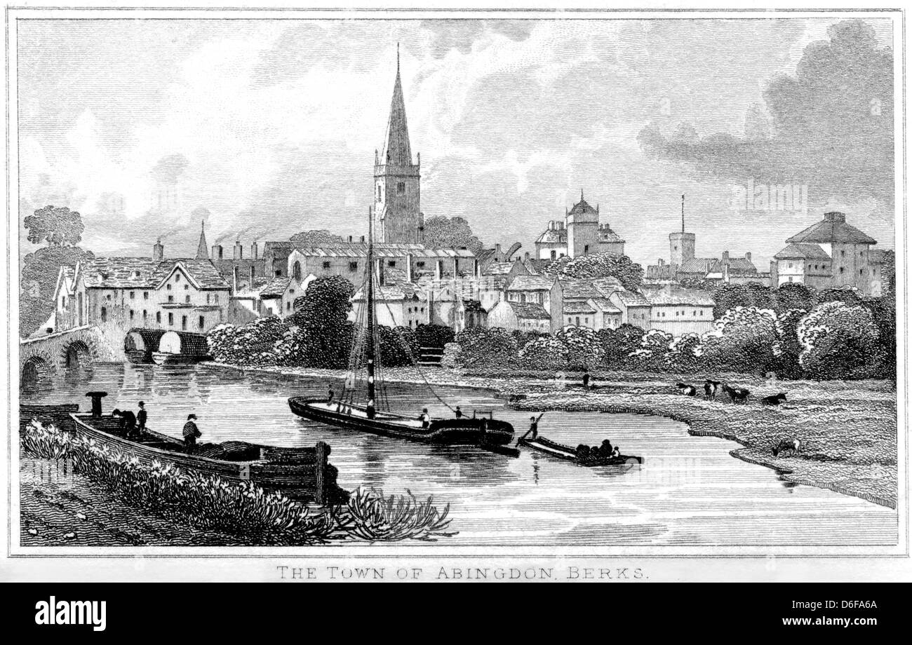 An engraving entitled 'The Town of Abingdon, Berks. ' scanned at high resolution from a book published in 1825. Now Oxfordshire. Stock Photo