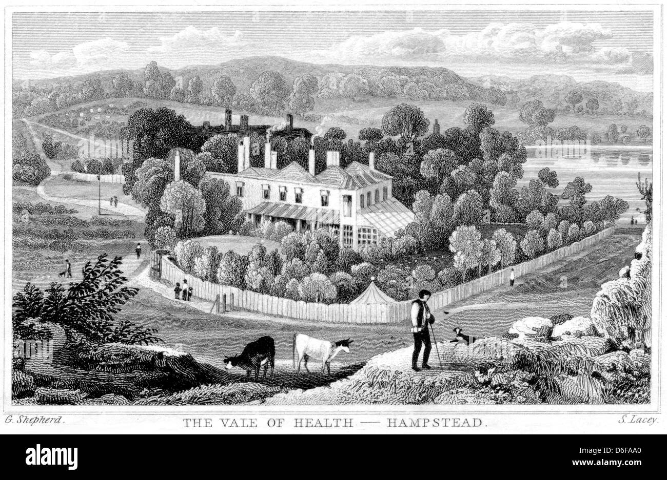 An engraving entitled ' The Vale of Health - Hampstead ' scanned at high resolution from a book published in 1825. Believed copyright free. Stock Photo