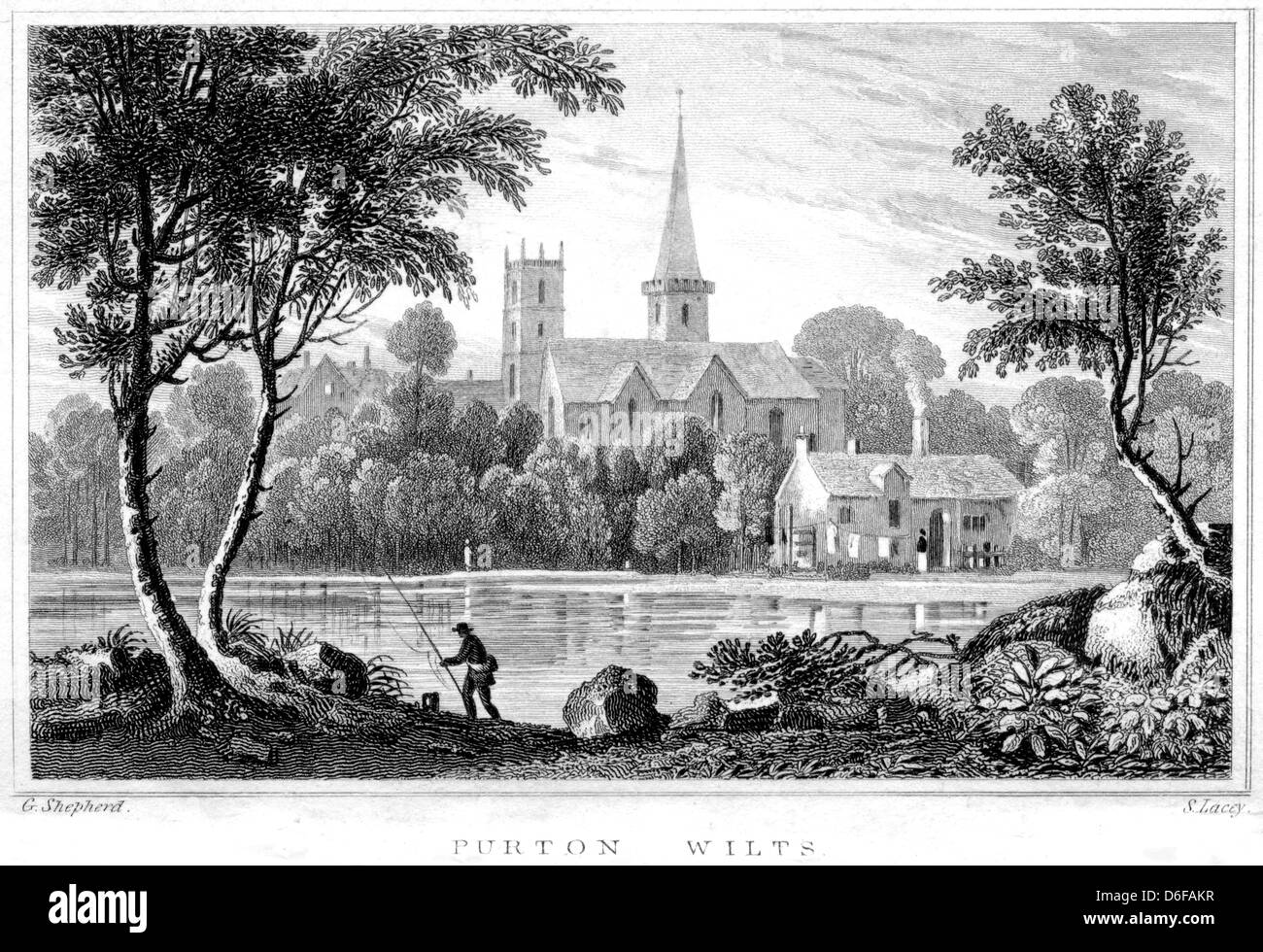 An engraving entitled ' Purton, Wilts ' scanned at high resolution from a book published in 1825. Stock Photo