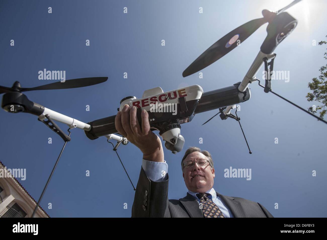 March 27, 2013 - Los Angeles, California (CA, USA - David Heidel of Aerovironment, shows their Qube drone. (Credit Image: © Ringo Chiu/ZUMAPRESS.com) Stock Photo