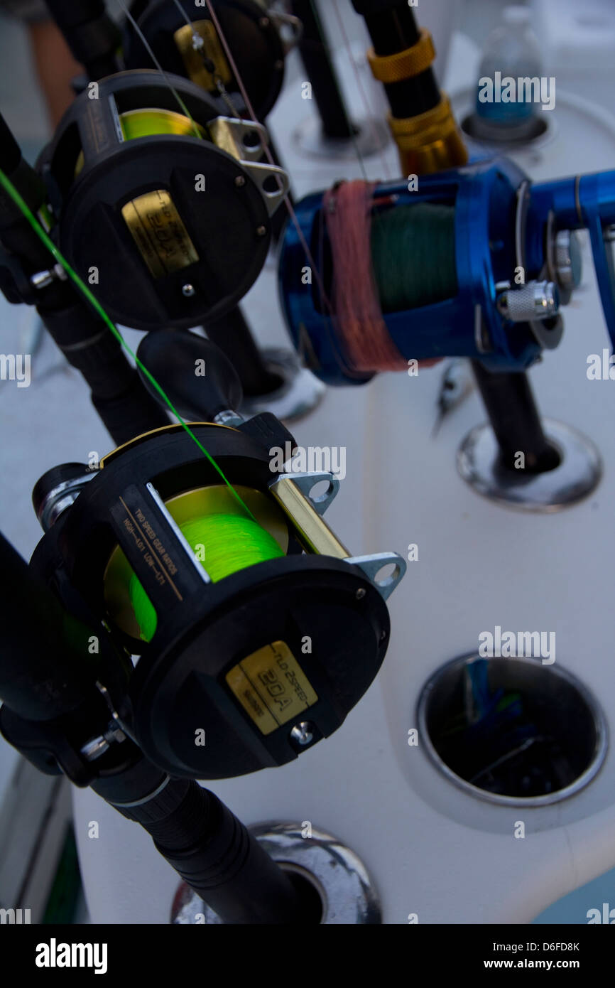 Rods and reels at the ready on the charter vessel Lo Que Sea, Ft. Pierce, FL Stock Photo
