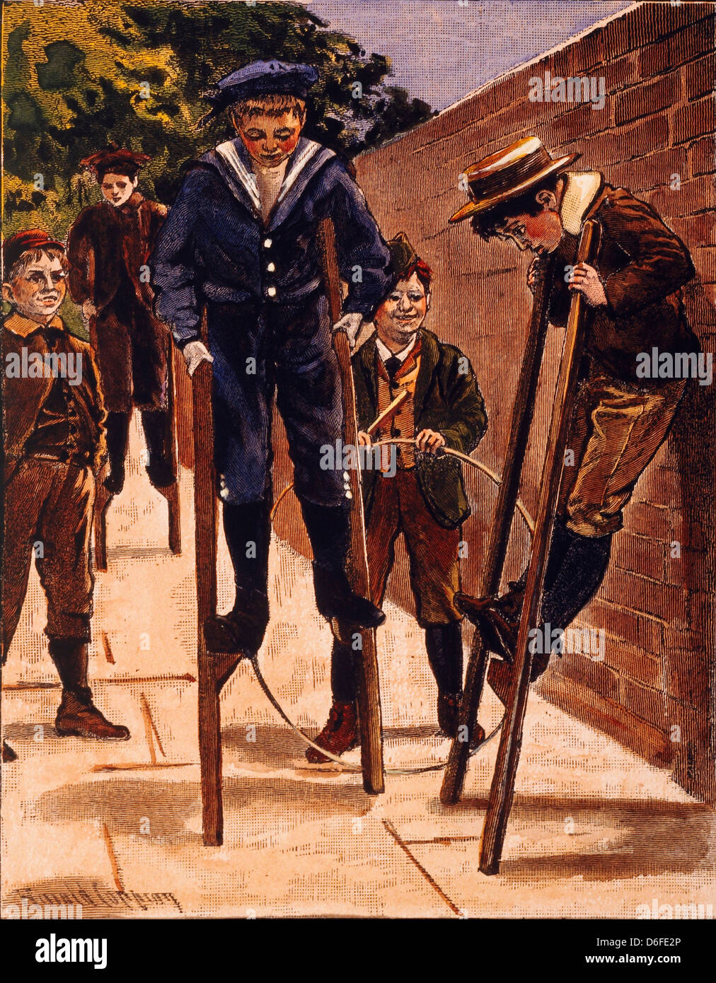 Boys Walking on Stilts, Hand-Colored Engraving, Circa 1911 Stock Photo