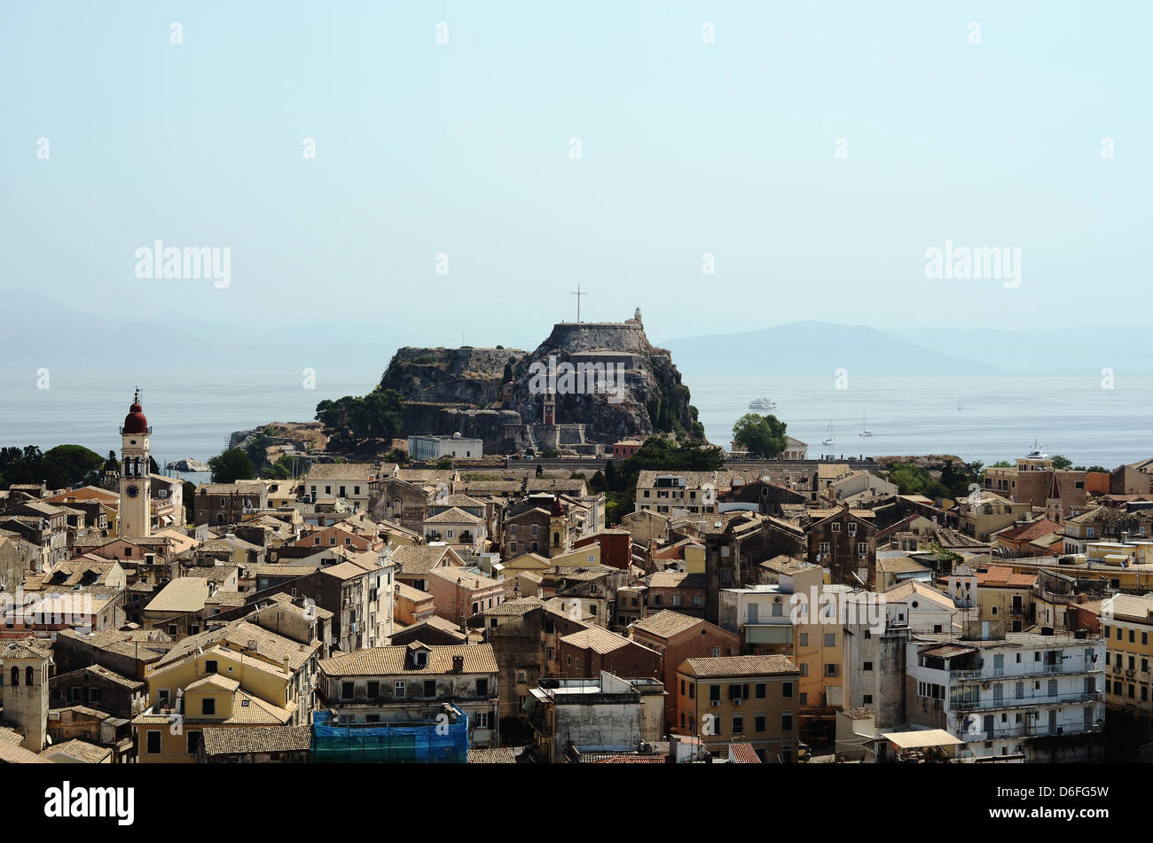 A landscape photograph of buildings and old historic architecture in the main town of Kavos, Greece. Stock Photo