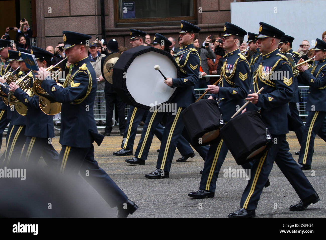 London, UK. 17th April 2013. The Funeral of Baroness Margaret Thatcher. Drums are covered in black cloth for the funeral procession. The Funeral service takes place in St. Paul's Cathedral, London. Pic: Paul Marriott Photography/Alamy Live News Stock Photo
