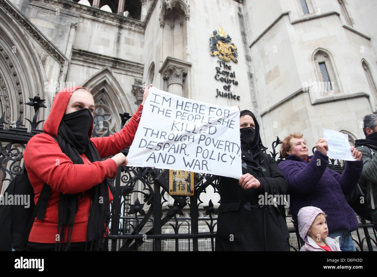 London, UK. 17th April 2013. The Funeral of Baroness Margaret Thatcher. Anti-Thatcher protesters outside the Royal Courts of Justice. The Funeral service takes place in St. Paul's Cathedral, London. Pic: Paul Marriott Photography/Alamy Live News Stock Photo