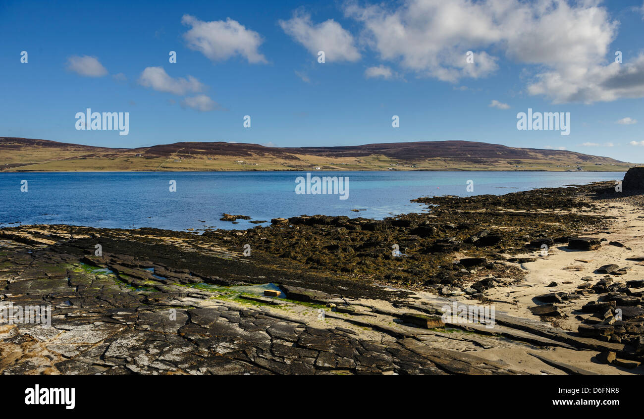 Looking over Eynhallow Sound towards the island of Rousay. Orkney Stock Photo