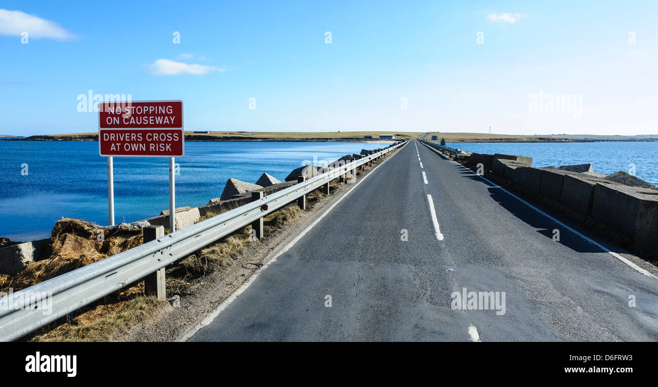 The Churchill Barriers are a series of four causeways in the Orkney Islands, Scotland, with a total length of 1.5 miles (2.3 km) Stock Photo