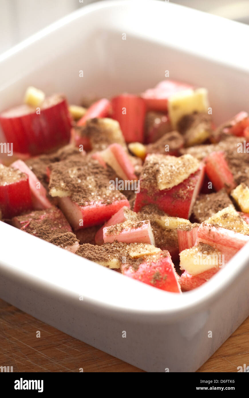 rhubarb brulee - step shot - ingredients in a baking dish Stock Photo