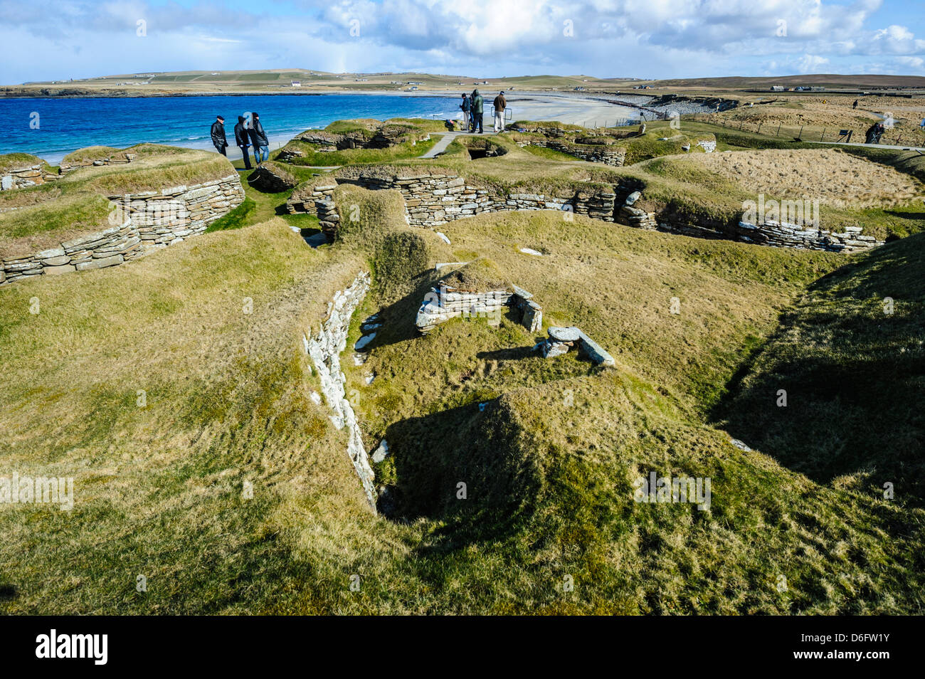 Skara Brae - a stone-built Neolithic settlement, located on the Bay of Skaill on the west coast of Mainland Orkney Stock Photo