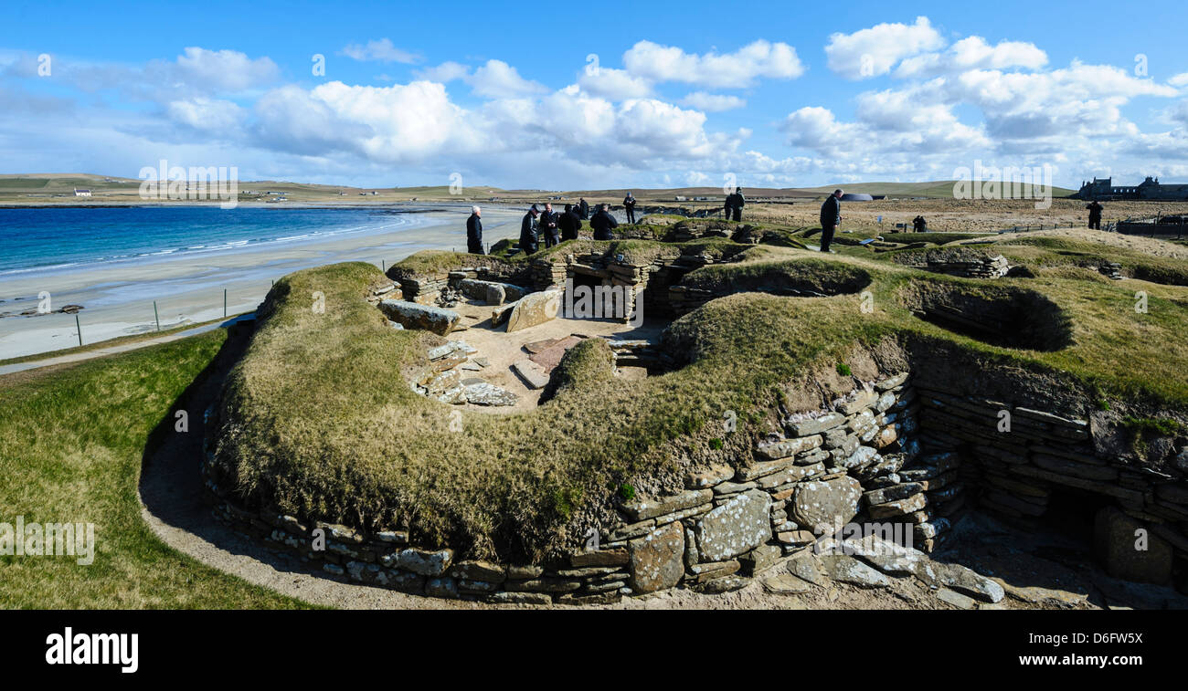 Skara Brae - a stone-built Neolithic settlement, located on the Bay of Skaill on the west coast of Mainland Orkney Stock Photo