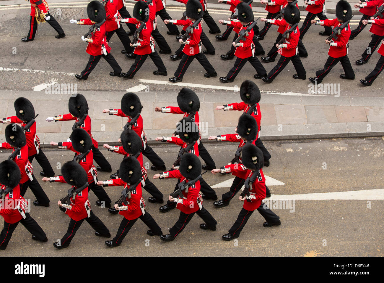 London, UK, 17 April 2013. Soldiers march at funeral procession of Baroness Thatcher. Credit: Sarah Peters/Alamy Live News Stock Photo