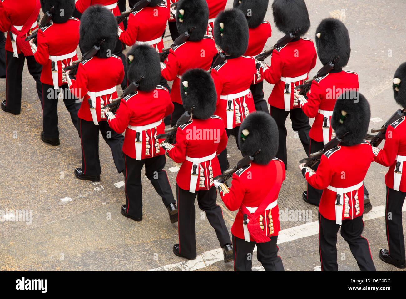 London, UK, 17 April 2013. Soldiers march at the funeral procession for Baroness Margaret Thatcher. Credit: Sarah Peters/Alamy Live News Stock Photo