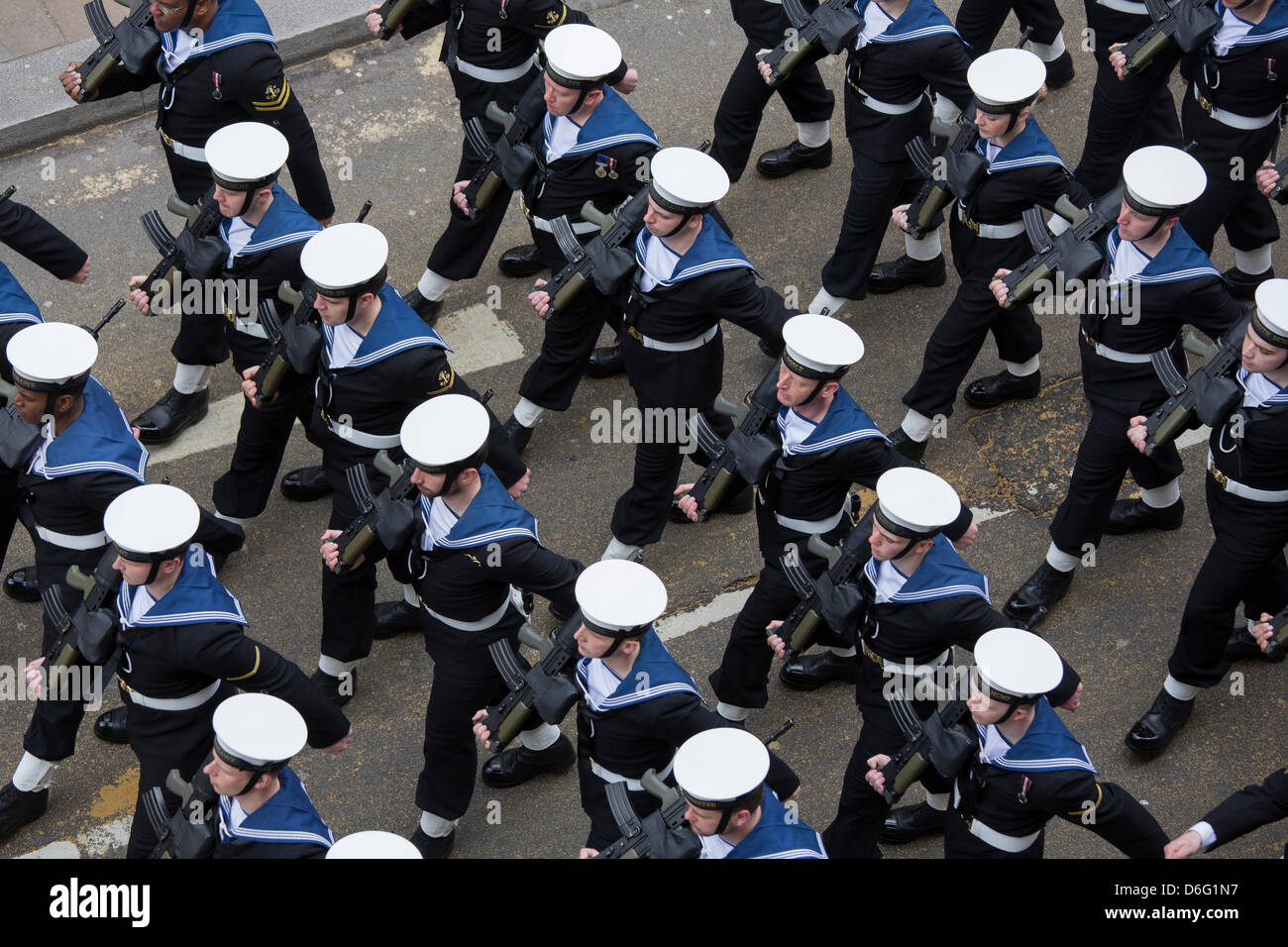 London, UK, 17 April 2013. The Royal Navy shows its respect at the funeral of Baroness Margaret Thatcher. Credit: Sarah Peters/Alamy Live News Stock Photo