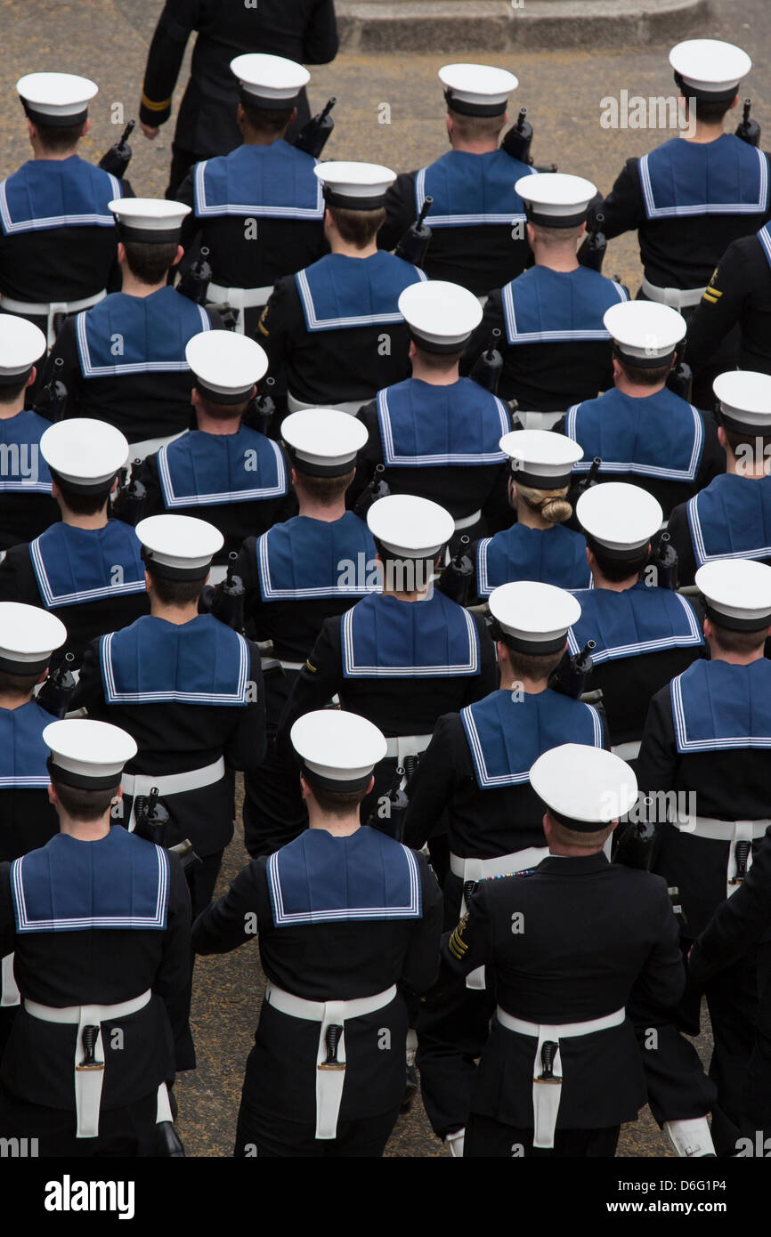 London, UK, 17 April 2013. The Royal Navy takes part in the procession at Margaret Thatcher's funeral. Credit: Sarah Peters/Alamy Live News Stock Photo