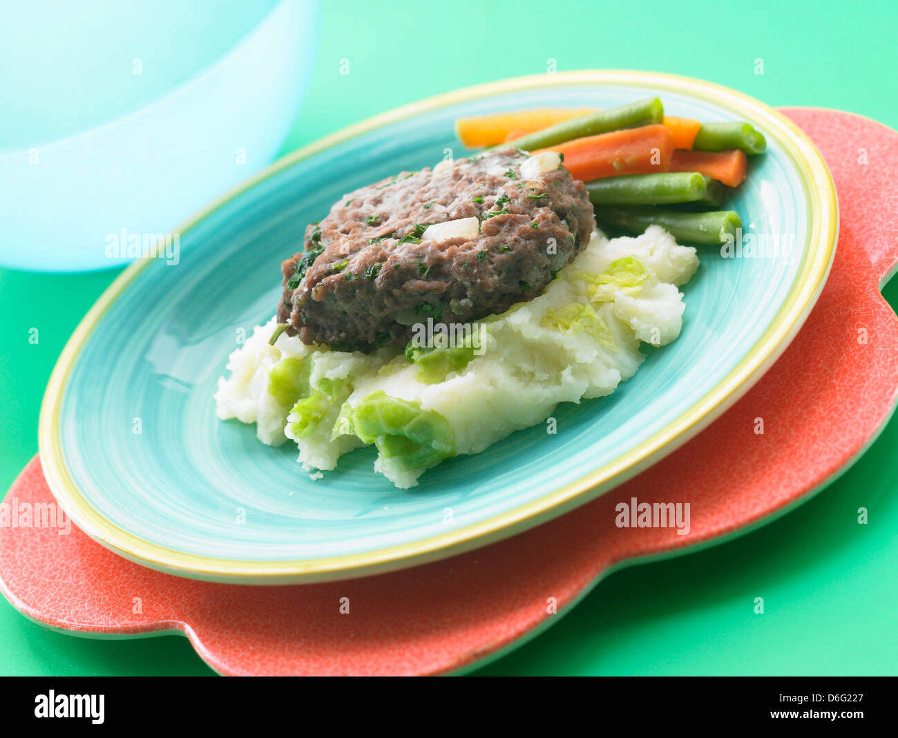 Kids burger with bubble and squeak - with recipe Stock Photo