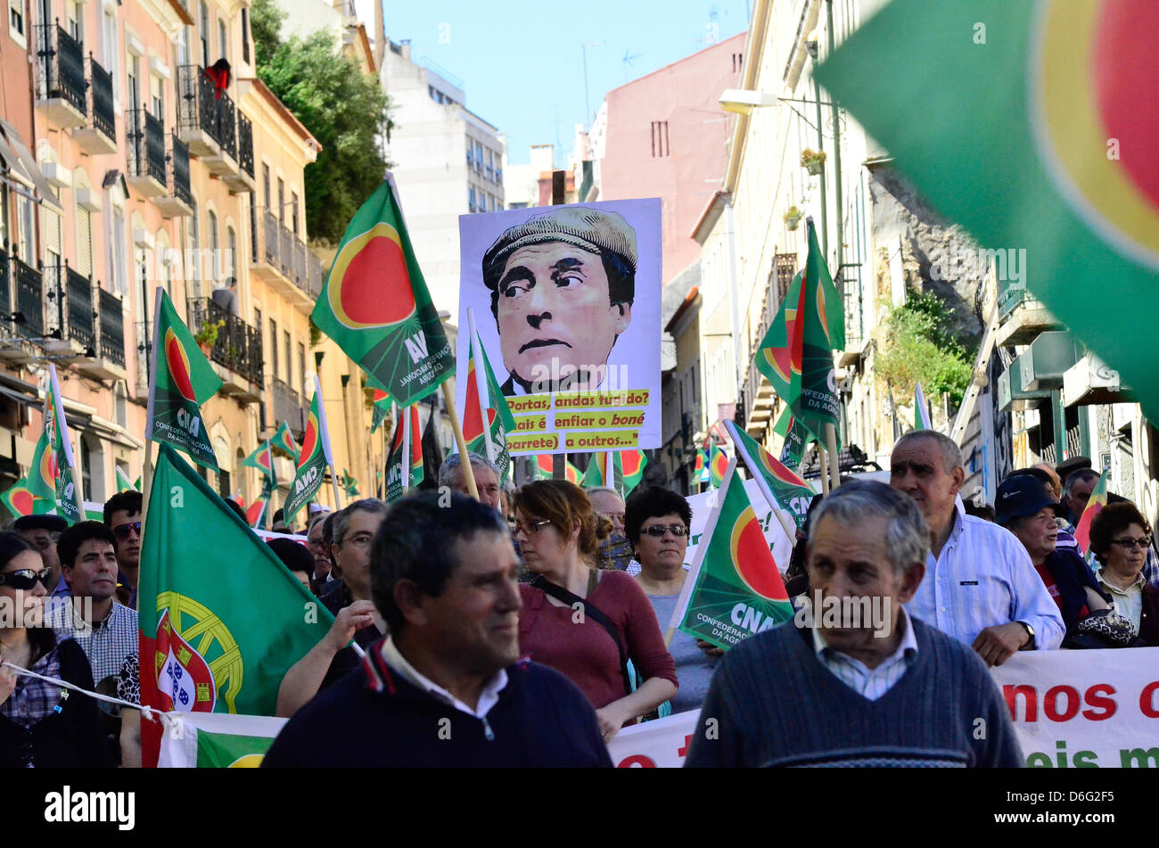 Lisbon Portugal,  17th April 2013. Farmers protest in the streets of Lisbon against the tax increase. Demonstrations took place in front of Parliament. Stock Photo