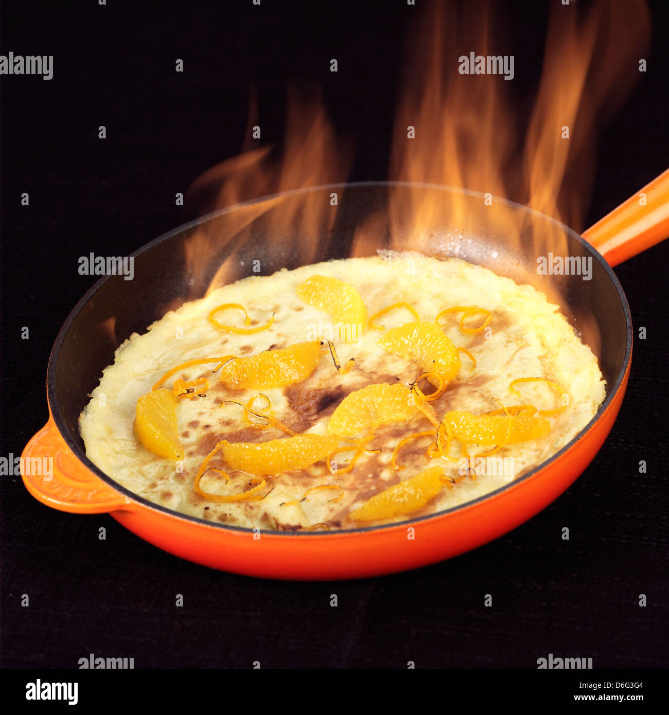 Making Crepe Suzette flambe step shot Stock Photo Alamy