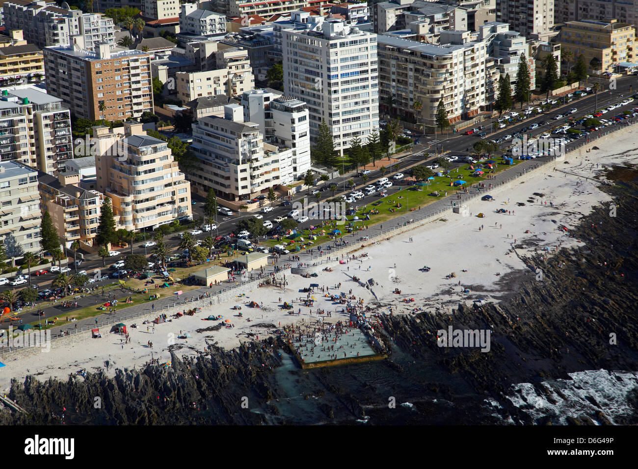 Tidal Pool and beach, Sea Point, Cape Town, South Africa - aerial Stock Photo