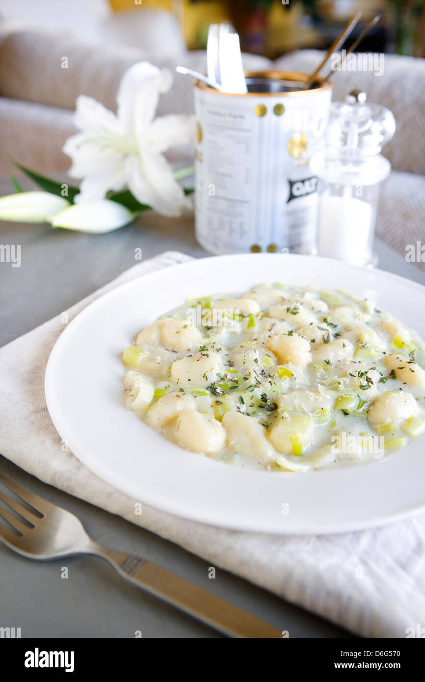 Leek and Gnocchi with recipe Stock Photo Alamy