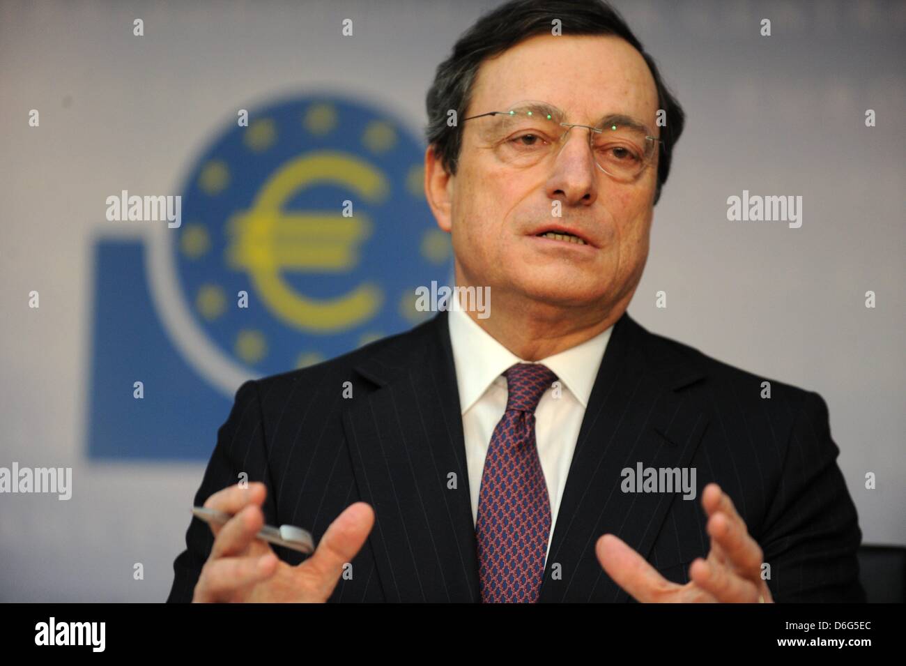 President of the European Central bank (ECB) Mario Draghi holds a press conference at the ECB headquarters in Frankfurt Main, Germany, 09 February 2012. Draghi is not willing to resort to tricks to help out struggeling Greece, but he does not completely rule out exploiting loopholes. Photo: EMILY WABITSCH Stock Photo