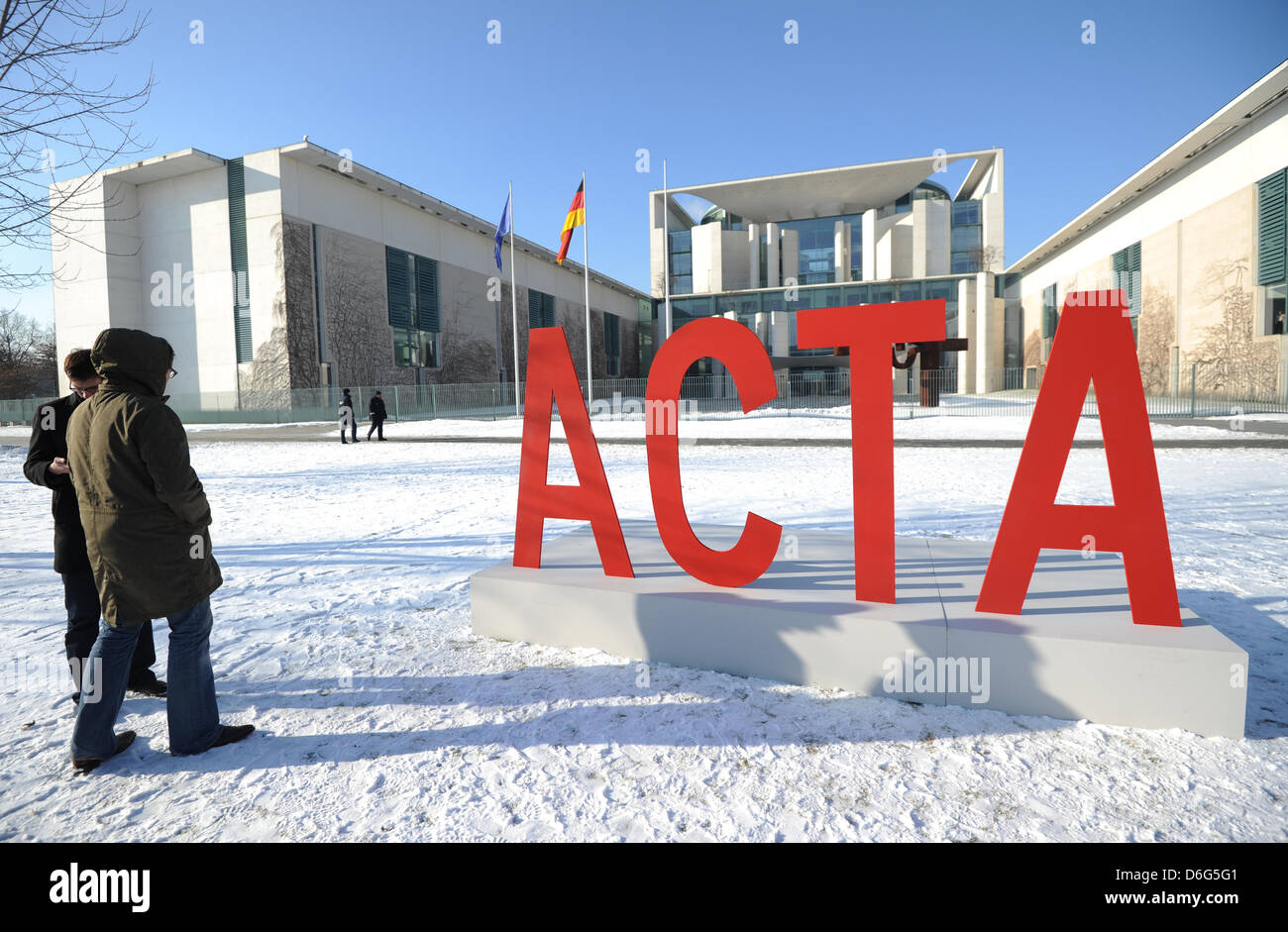 An installation made of the letters ACRA is part of a protest action of Alliance '90/ The Greens, initiated to issue the Anti-Counterfeiting Trade Agreement (ACTA), in front of the Chancellery in Berlin, Germany, 10 February 2012. The agreement against pirating and copyright infringement ACTA was rejected by the Green party. Critics object, that copyright law is tightened considera Stock Photo