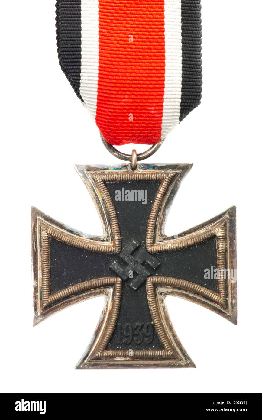 A Nazi German Iron Cross medal - 2nd Class with ribbons. Studio shot with a white background Stock Photo