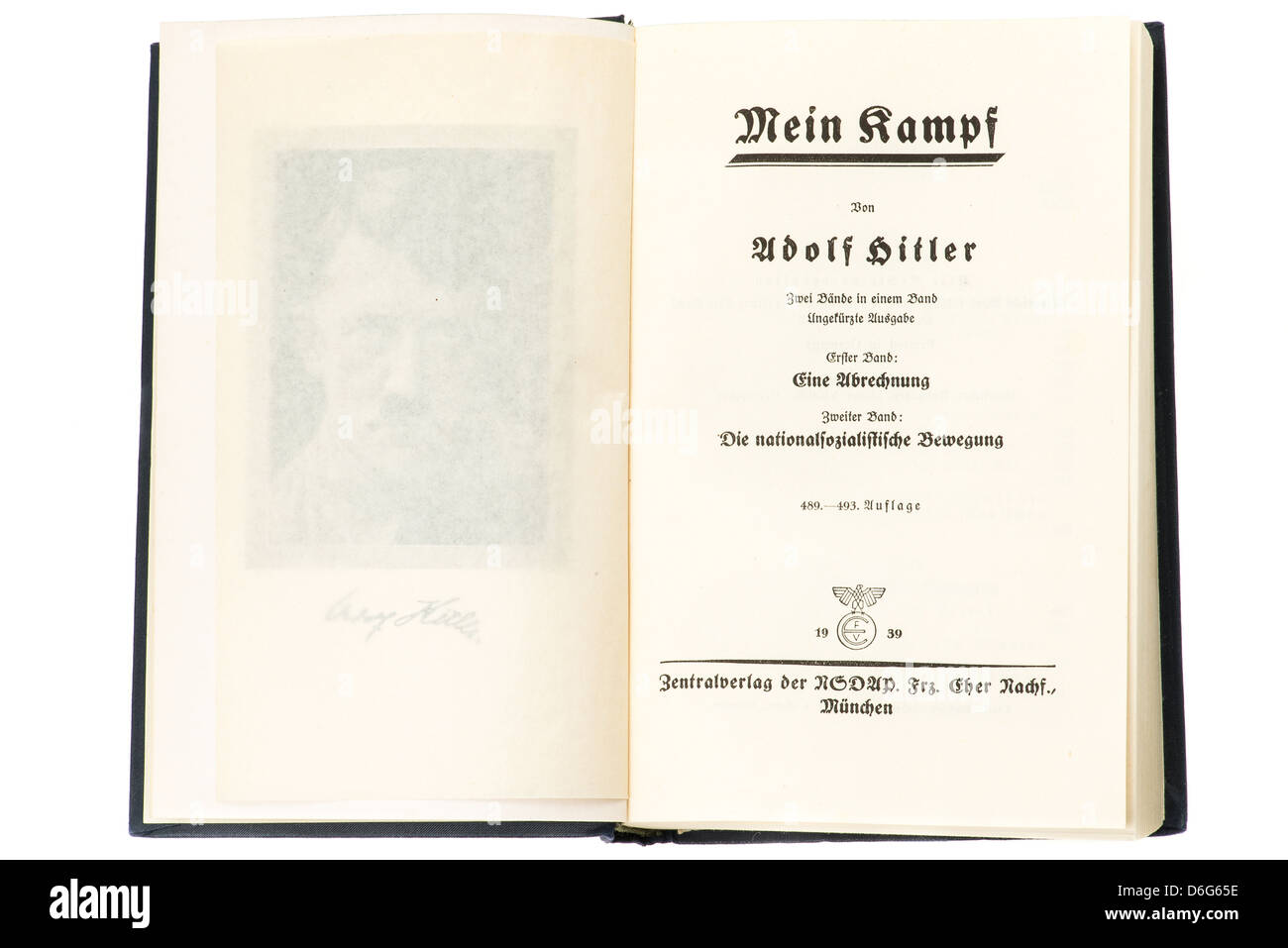 Inside pages of the hardback book Mein Kampf by Adolf Hitler, this is the 1939 edition. Studio shot with a white background. Stock Photo