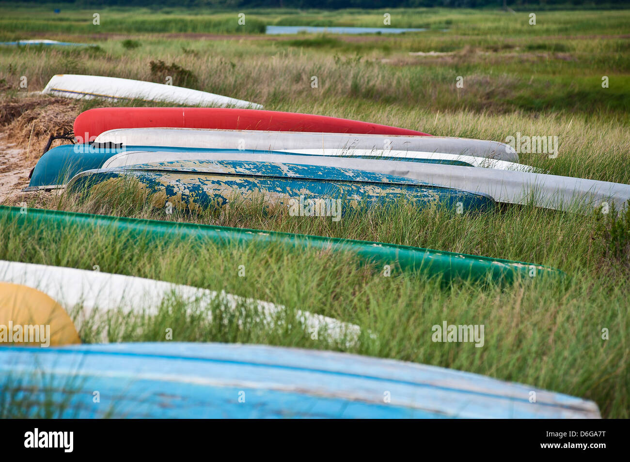 Canoes, Boat Meadow Creek, Orleans, Cape Cod, Massachusetts , USA Stock Photo