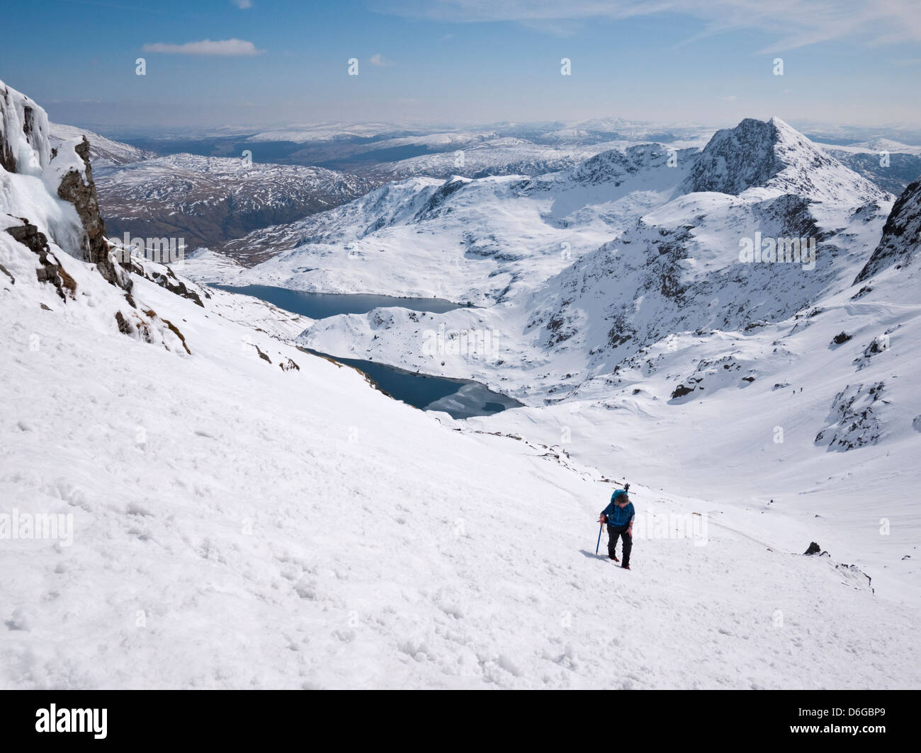 Snowdon in winter conditions - a female hill walker heads up the Pyg track to the summit Stock Photo