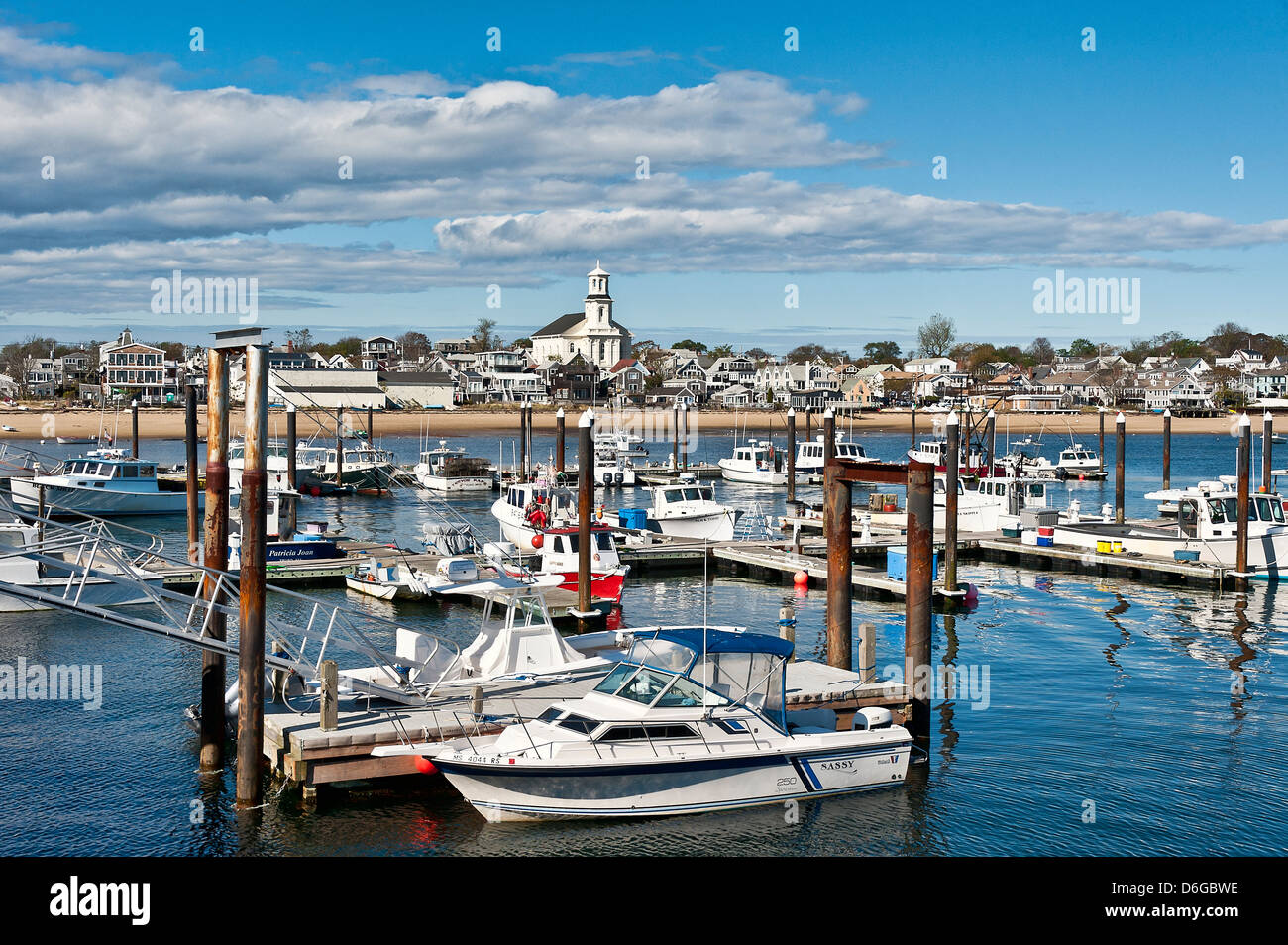 Small boats moored in Provincetown Marina, McMillan Wharf, Provincetown, Cape Cod, Massachusetts, USA Stock Photo