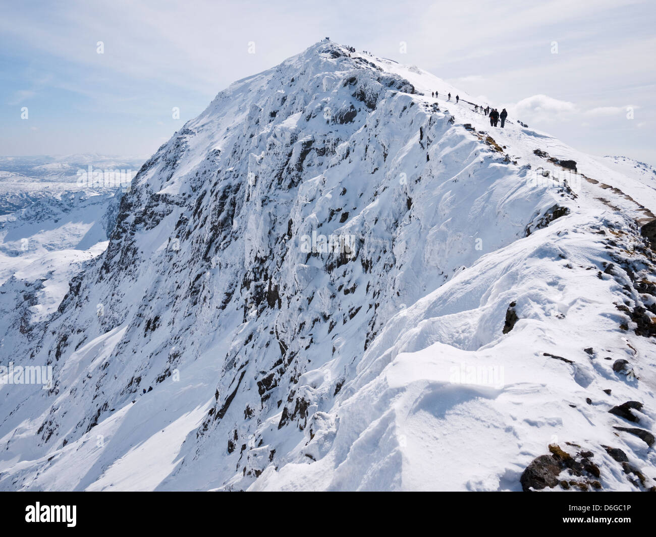 Snowdon in winter conditions - view to the summit, Yr Wyddfa, from the top of the Pyg track Stock Photo