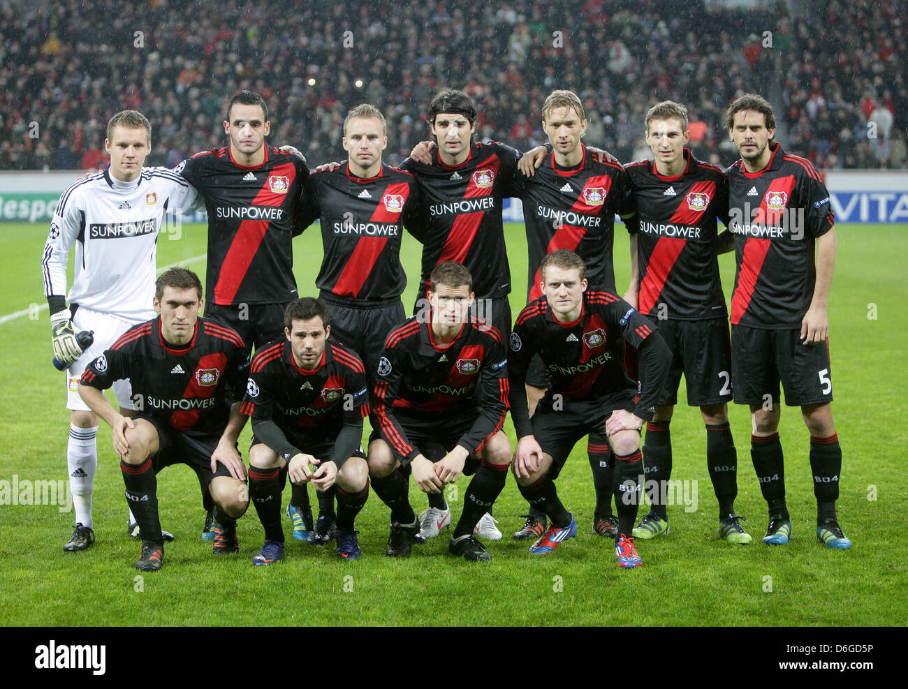 Team of Leverkusen prior to the Champions League round of sixteen first leg soccer match between Bayer Leverkusen and FC Barcelona at the BayArena in Leverkusen, Germany, 14 February 2012. Team Leverkusen (back l-r) Keeper Bernd Leno, Renato Augusto, Michal Kadlec, Vedran Corluka, Simon Rolfes, Daniel Schwaab, Manuel Friedrich (front l-r) Stefan Reinartz, Gonzalo Castro, Lars Bende Stock Photo