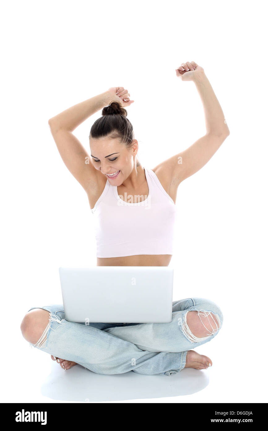 Confident Happy Positive Young Woman Sitting Cross Legged On The Floor ...