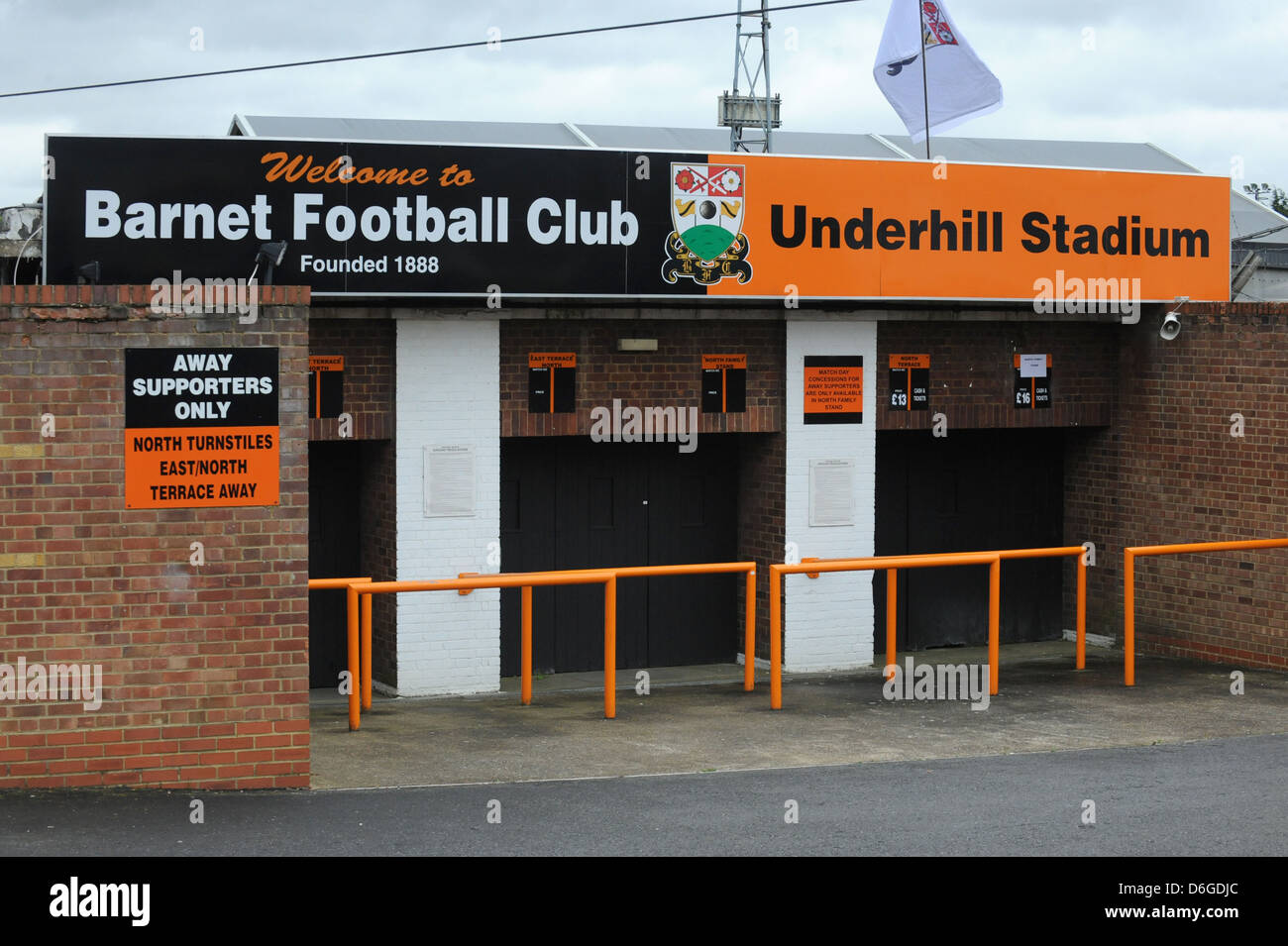 08.05.2010 Barnet, England. The entrance to Underhill Stadium, home of Barnet Football Club. Stock Photo