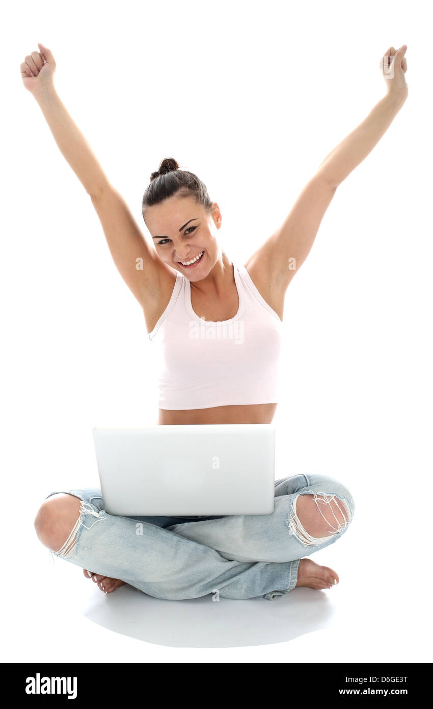 Confident Happy Positive Young Woman Sitting Cross Legged On The Floor ...