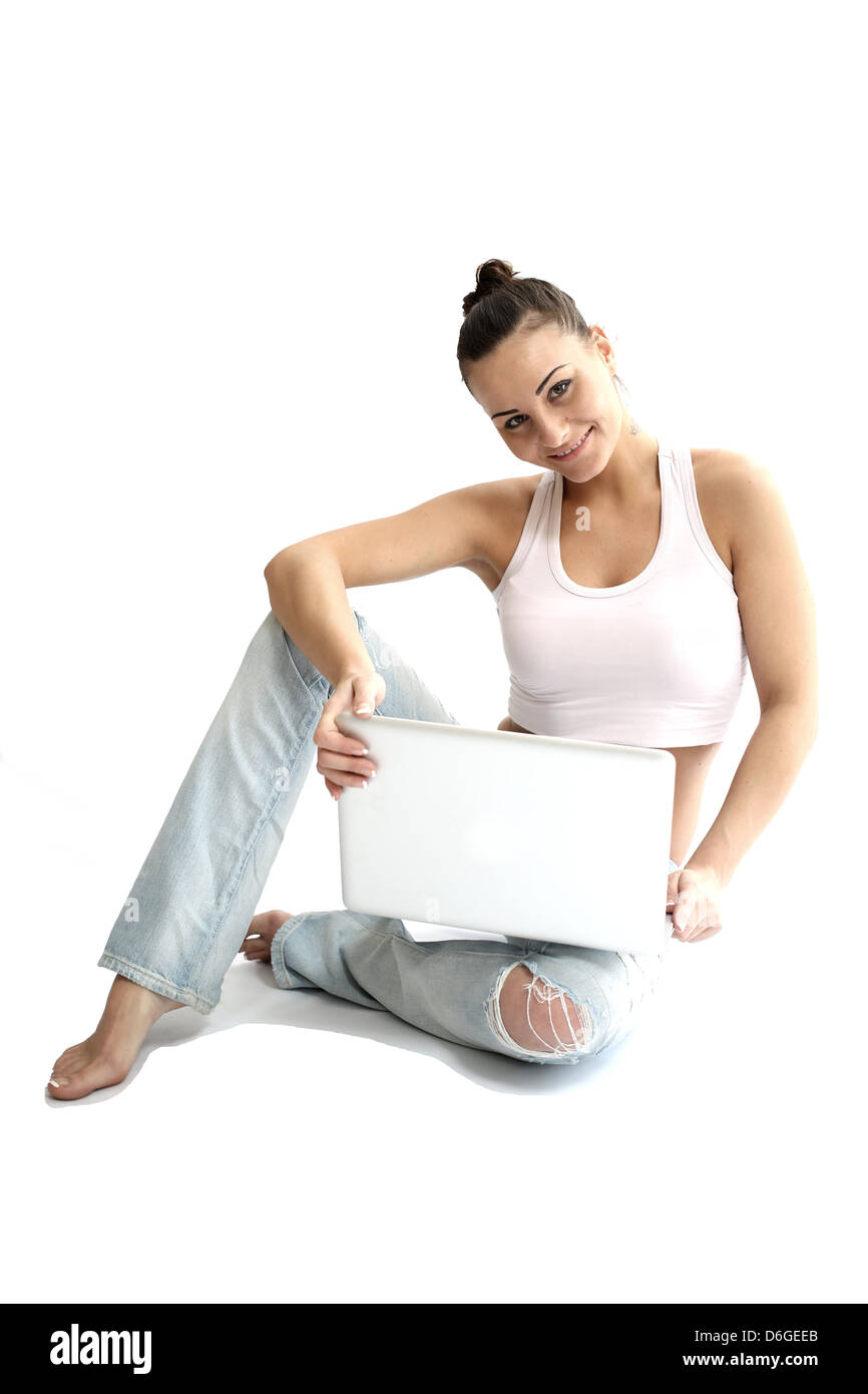 Confident Happy Positive Young Woman Sitting Cross Legged On The Floor ...