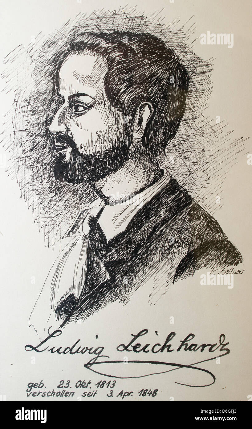 A drawing of researcher Leichhardt is pictured in the Ludwig-Leichhardt-Museum in Trebatsch, Germany, 16 February 2012. A exhibition to commemorate the 200th birthday of Ludwig Leichhardt, born in Trebatsch in 1813 and a pioneer in the Australian outback, will take place in 2013. The exhibition is meant to bring Leichhardt closer to the German people. If everything works out, the e Stock Photo