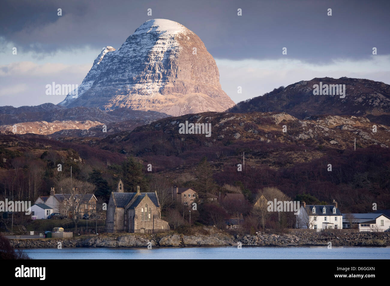 Lochinver on the west coast of Scotland with Suilven behind. Stock Photo