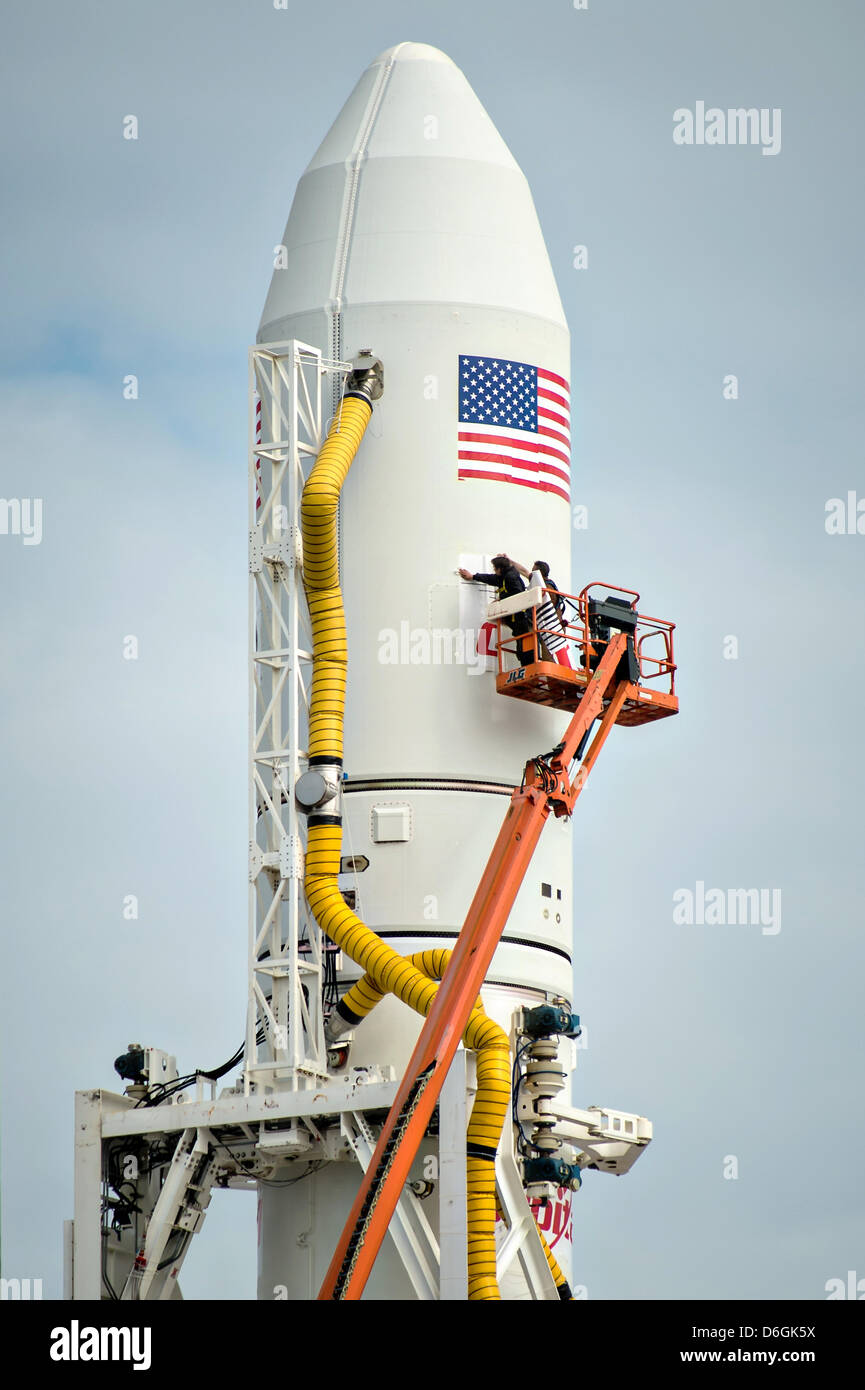 Orbital Sciences Corporation Antares rocket is seen on the Mid-Atlantic Regional Spaceport Pad-0A at the NASA Wallops Flight Facility Wallops, Virginia, USA. April 16, 2013. Orbital Sciences Corporation is hoping to become the second commercial operator for rockets to resupply the International Space Station. Stock Photo