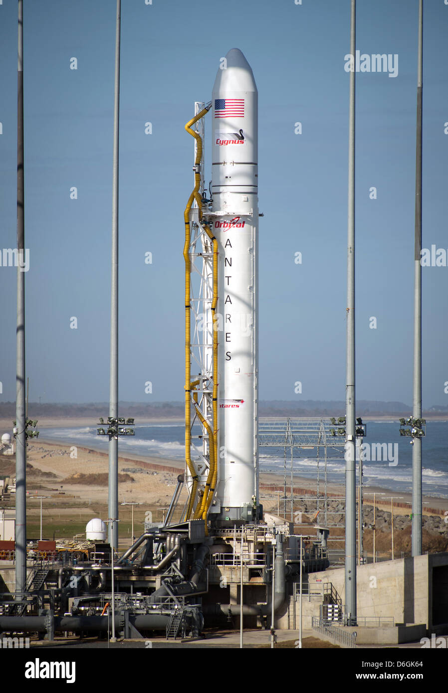 Orbital Sciences Corporation Antares rocket is seen on the Mid-Atlantic Regional Spaceport Pad-0A at the NASA Wallops Flight Facility Wallops, Virginia, USA. April 16, 2013. Orbital Sciences Corporation is hoping to become the second commercial operator for rockets to resupply the International Space. Stock Photo