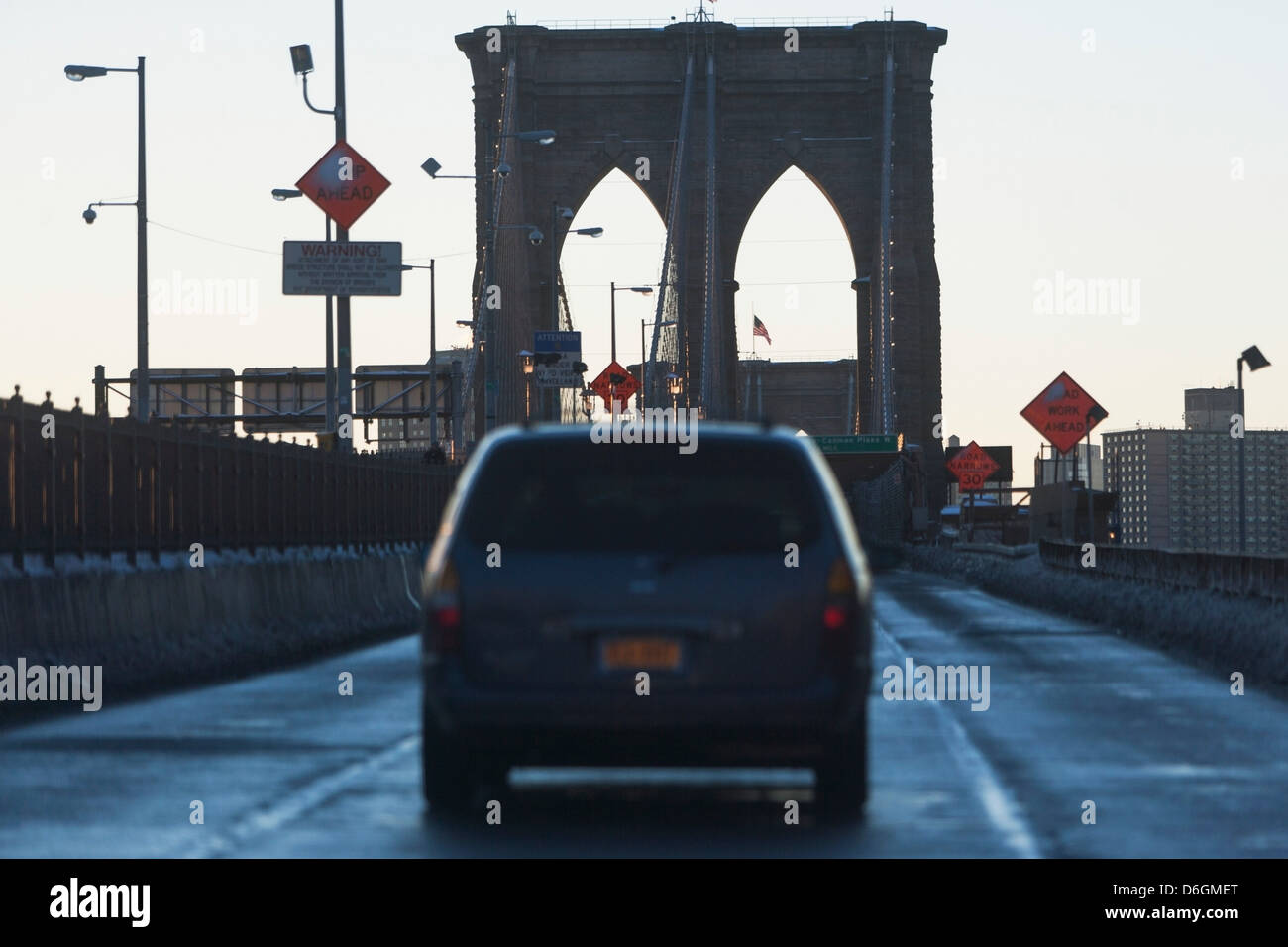Car driving on Brooklyn Bridge Stock Photo
