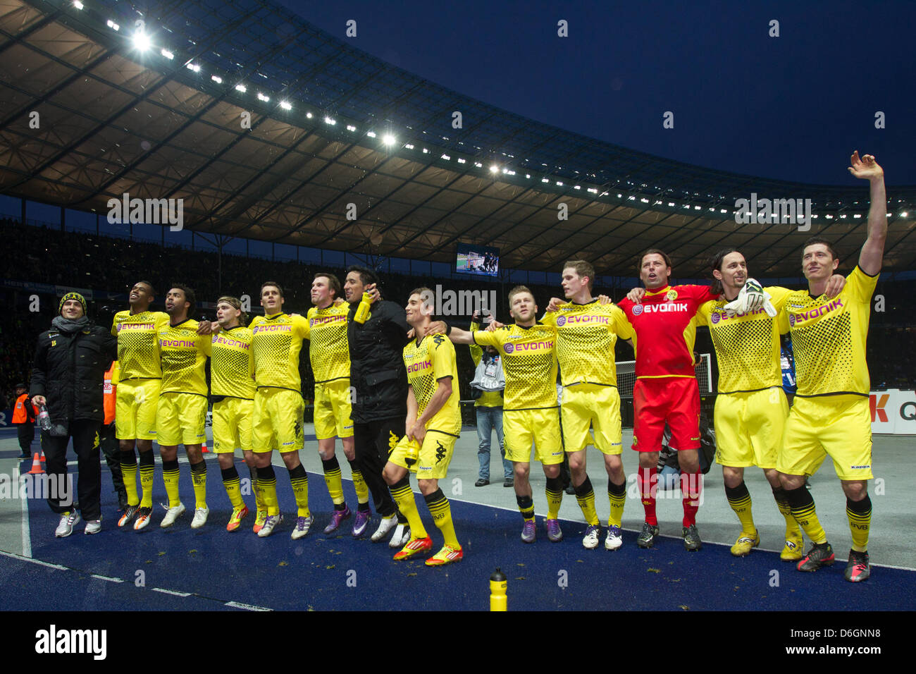 Dortmund celebrates after the German Bundesliga match between Hertha BSC and Borussia Dortmund at the Olympic stadium in Berlin, Germany, 18 February 2012. Dortmund won 1-0. Photo: Jens Wolf Stock Photo