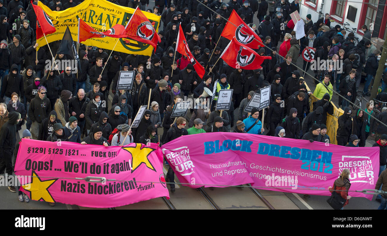 Thousands protest against right-wing extremism in Dresden, Germany, 18 February 2012. Photo: Arno Burgi Stock Photo