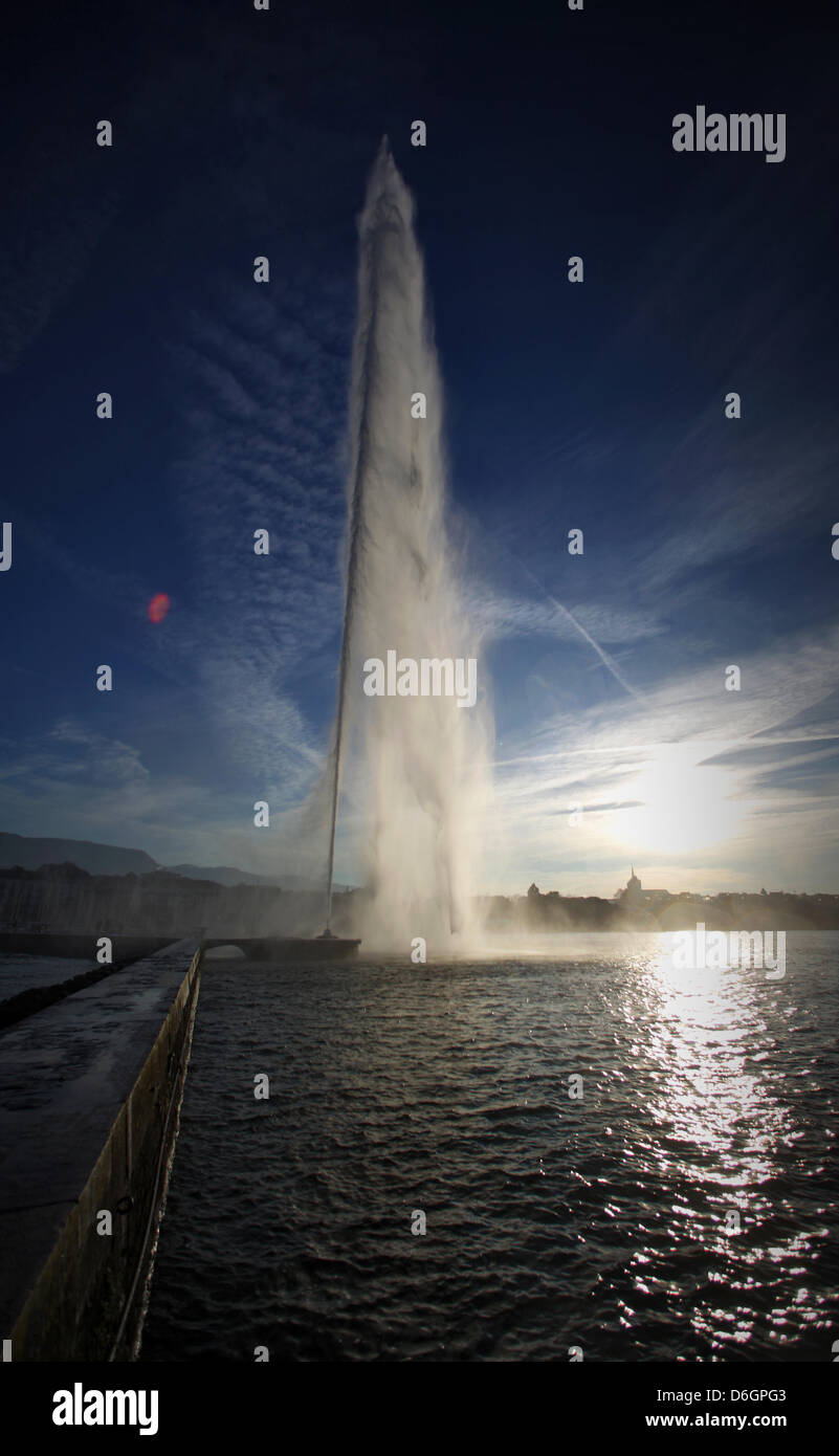 A fountain with a jet of water over 100 meters high is one of the famous landmarks of Geneva, Switzerland, 26 December 2011. The city Geneva is the second largest city in Switzerland and the seat of several international organizations. Photo: Fredrik von Erichsen Stock Photo