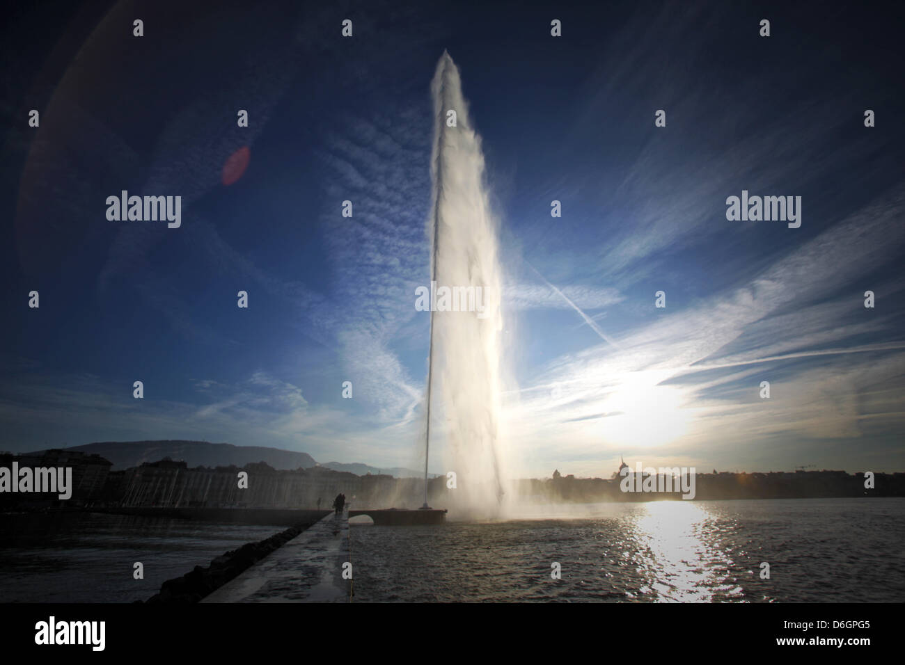 A fountain with a jet of water over 100 meters high is one of the famous landmarks of Geneva, Switzerland, 26 December 2011. The city Geneva is the second largest city in Switzerland and the seat of several international organizations. Photo: Fredrik von Erichsen Stock Photo