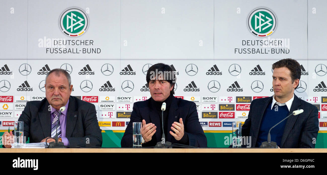 Head coach of the German national soccer team Joachim Loew (C), team manager Oliver Bierhoff (R) and press officer of the German football association Harald Stenger are pictured during a media workshop of the German Football Association (DFB) in Berlin, Germany, 22 February 2012. The team for the international match against France is to be announced and an update on the preparation Stock Photo