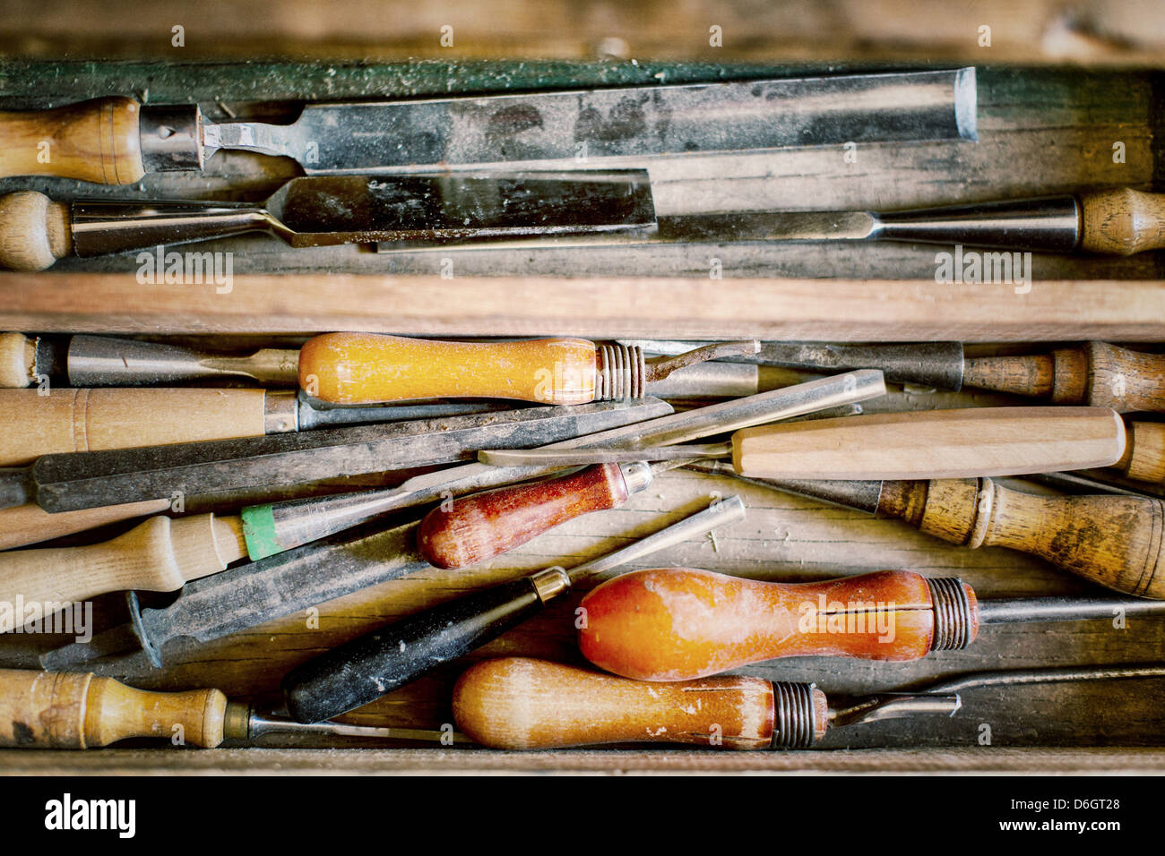 Drawer of wood chisels Stock Photo