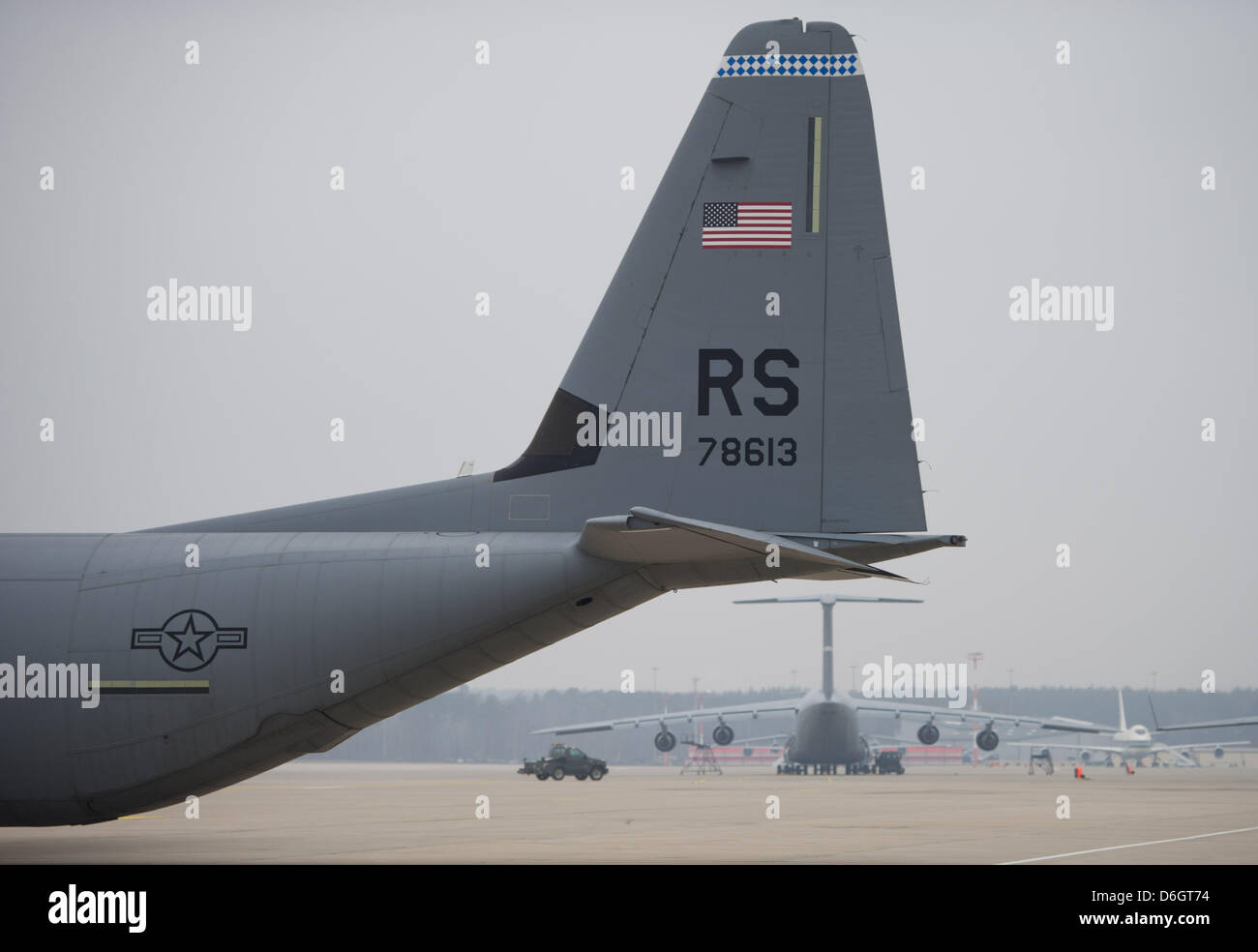 Different aircrafts are pictured at the airfield of the US Air Force in Ramstein, Germany, 23 February 2012. Ramstein is the US air Force's most important hub for international transport and cargo flights. It is also the biggest US Air Force base outside of the USA and the biggest NATO airfield in Europe. Photo: Uwe Anspach Stock Photo